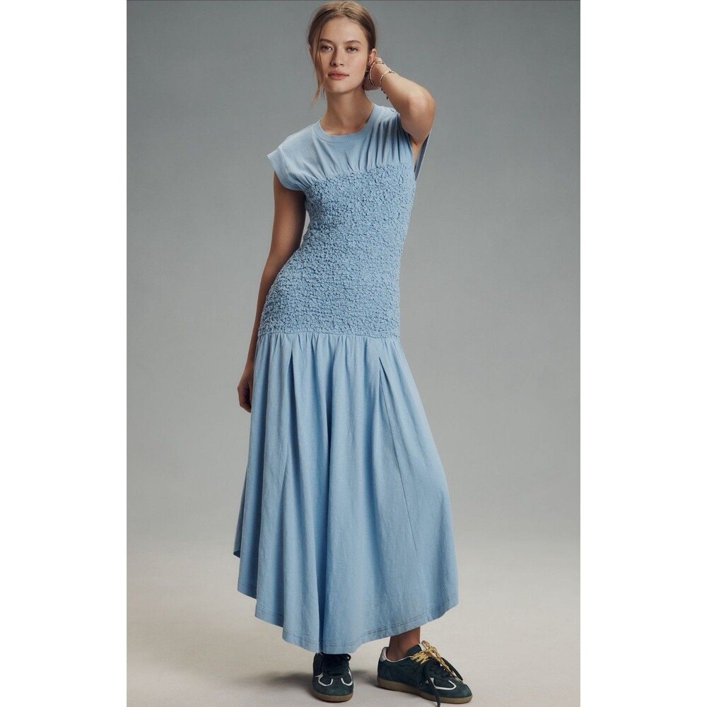 Anthropologie Daily Practice Midi Dress Blue Deep End Smocked Vacay Medium NWT - Picture 3 of 10